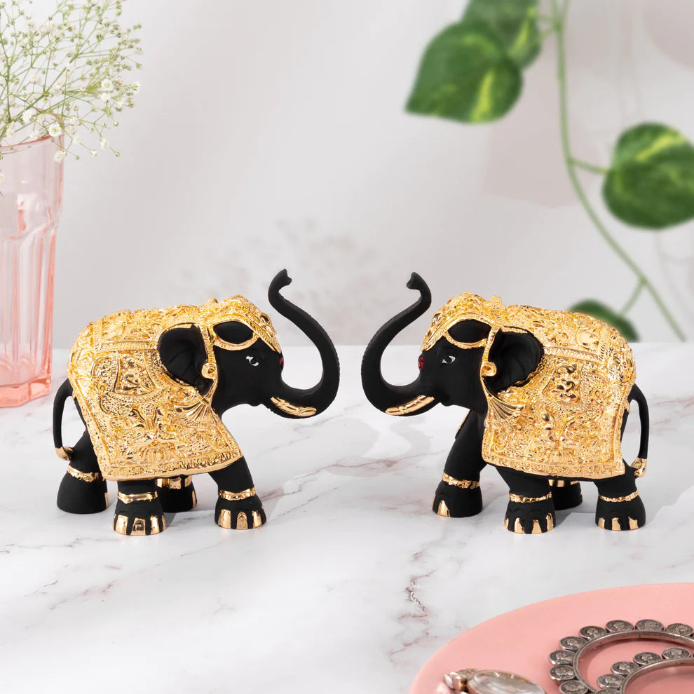 Pure Gold & Silver Coated Vastu Trunk Up Elephant Pair (Set of 2)