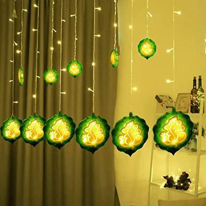 Ganesh Curtain LED Diwali Lights 114 LED 3 Meter Curtain String Lights Window Curtain Led Lights for Decoration (6+6 Ganesh Curtain Warm White)