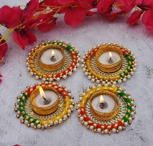 Golden Diya with Pearl Beads (Set of 4)