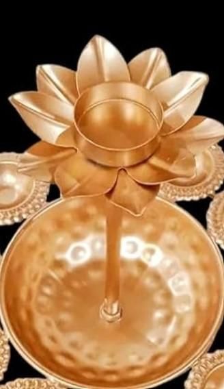 Metal Diya Urli With Flower Shape Tea - Light Holder