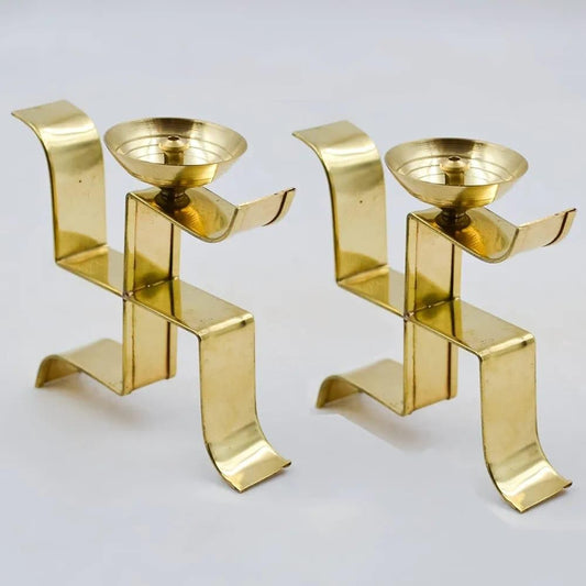 Swastik Symbol Design Brass Akhand Diya Oil Lamp, Golden Brass Diya Stand (Pack of 2)