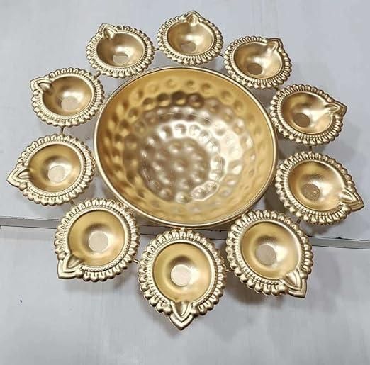 Metal Diya Urli With Flower Shape Tea - Light Holder